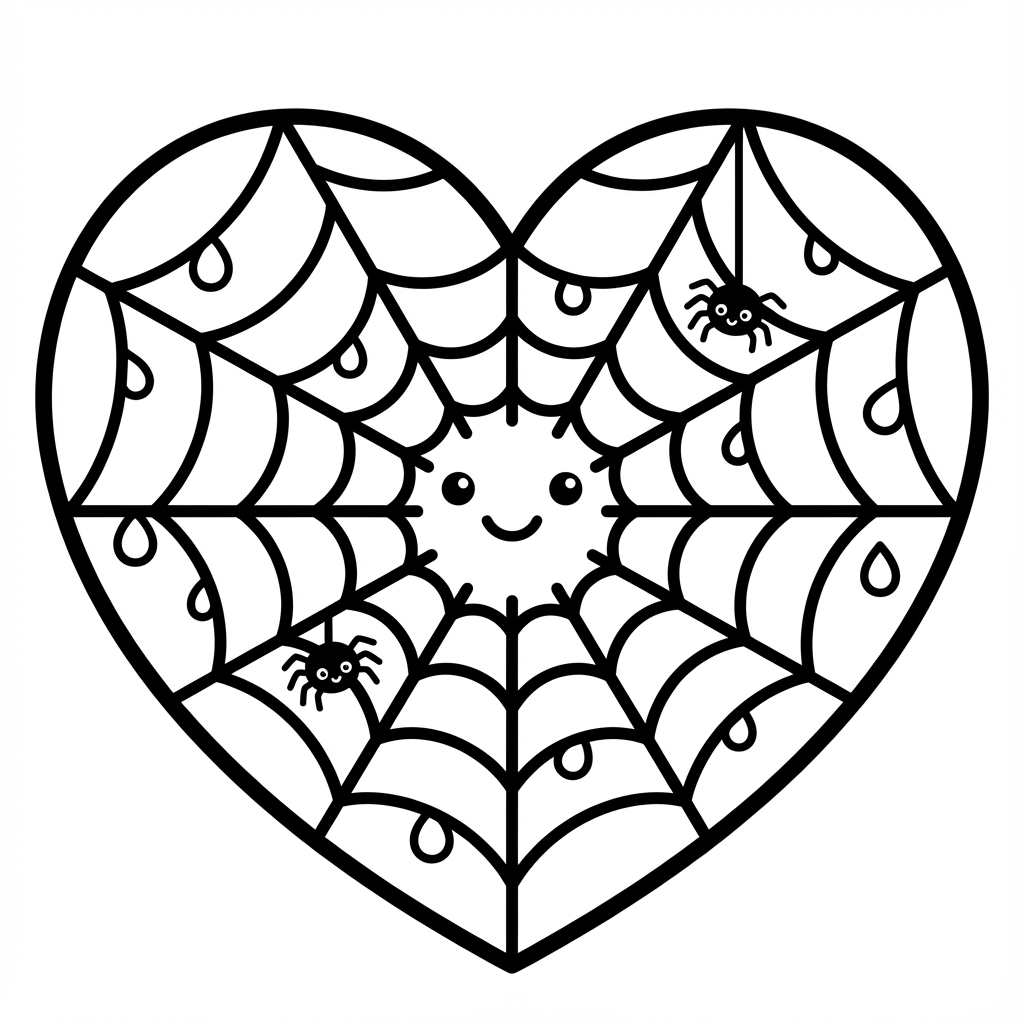 Heart-shaped spiderweb with cute spiders, perfect for thick line coloring pages and cute bold coloring pages.